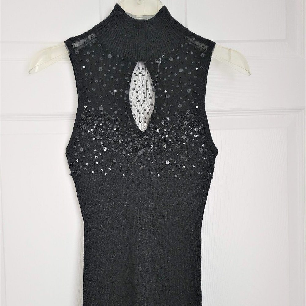 CACHE  Black Sleeveless, Mock Turtleneck, Sheer Yoke, Shimmer Sweater, NWT, Sz 6